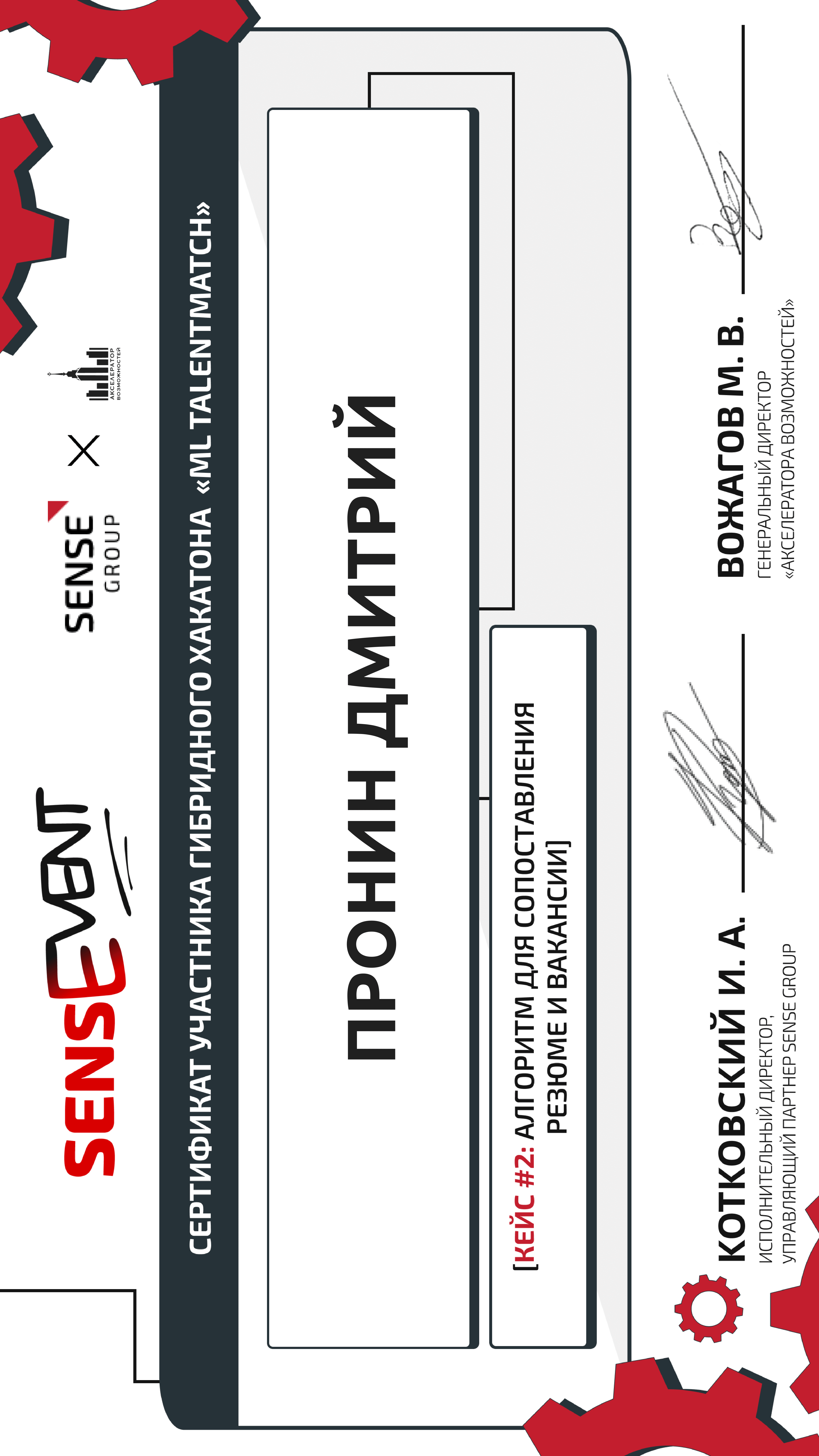 Participant certificate of the hybrid hackathon ‘ML TALENTMATCH’: ‘Algorithm for matching resumes and vacancies’.